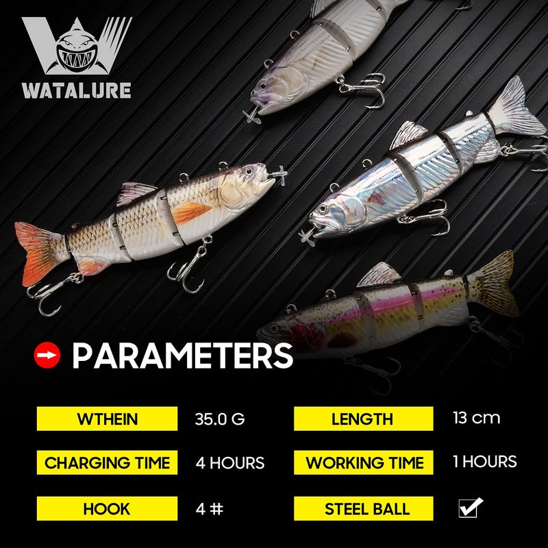 watalure Robotic Swimming Fishing Electric Lures 5.12" USB Rechargeable LED Light Wobbler Multi Jointed Swimbaits Hard Lures Fishing Tackle (Hybrid Striped Shad) - Image 2